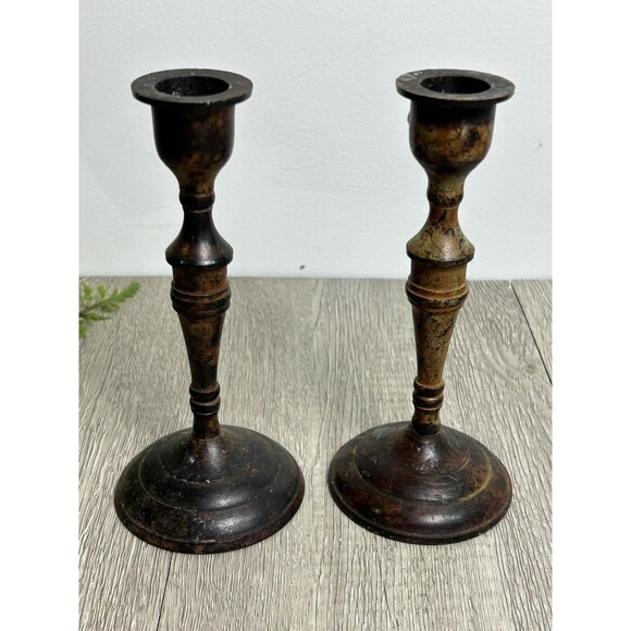 Set Of 2 Vintage Metal Candle Holders India Patina Rustic For Taper Candles 6” - Picture 5 of 9